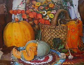 The translation of "Натюрморт с тыквой" into English is "Still life with a pumpkin."