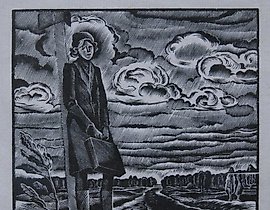 The text translates to: "Road to the city. Woodcut. 12 x 11 cm."