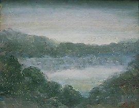 The text translates to: "Morning of Akatovo. Cardboard, oil. 19 x 22 cm."