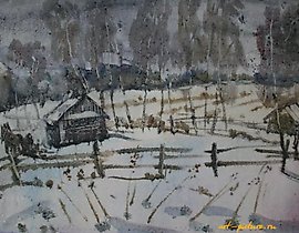 Март в деревне. Акварель. 50х70