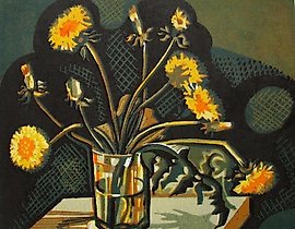 Dandelions. Colored linocut. 35x40 cm.