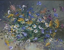 田野花卉。蓍草。画布，油画。50 x 50 厘米。