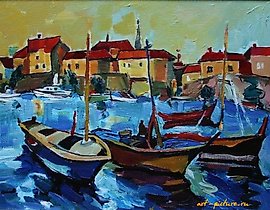 布德瓦的船。纸板，油画。 22 x 30 厘米