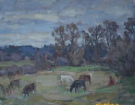 Октябрь. Стадо. Картон, масло. 40 х 50 см