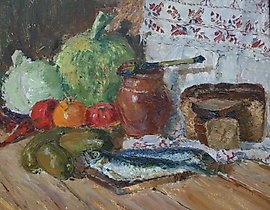 Still Life with Herring. Cardboard, oil. 46 x 56 cm.