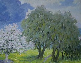 苹果树开花。油画，画布。53 x 60 厘米