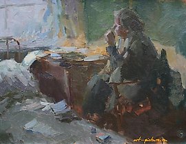 Teacher. Cardboard, oil. 26 x 35 cm