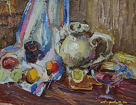 Tea Still Life. Cardboard, oil. 15 x 22 cm.