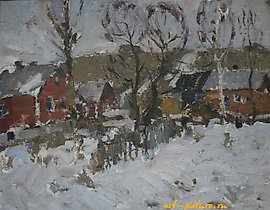 The village of Astrogany. End of winter. Cardboard, oil. 40 x 50 cm.