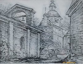 The translated text is: "Monastic alley. Dry needle. 15 x 19 cm."