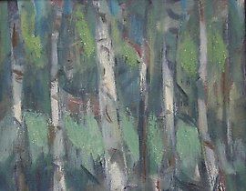 "Birches. Canvas, oil. 47 x 38 cm"