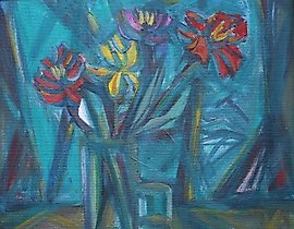 静物画。中密度纤维板，油画。51 x 51 厘米