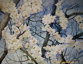 The translation of the text "Цветение Бумага, акварель" into English is "Blooming Paper, watercolor."