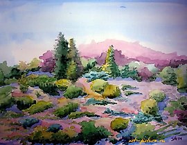 The translation of the text is: "A walk in the botanical garden. Paper, watercolor."