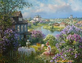 小屋在丁香花丛中。油画，画布