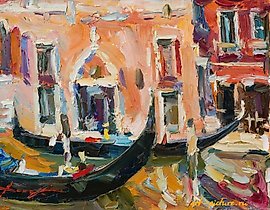 The translation of "Венеция масло, холс" into English is "Venice oil, canvas."