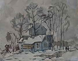 The translation of the text into English is:  
"Little house. Watercolor. 20 x 23 cm"