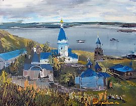 The translation of the text "Источник на Волге акрил, холст" into English is "Spring on the Volga acrylic, canvas."