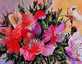 Peonies on pink acrylic, canvas.