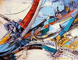 The translation of the text "Переформирование масло, холст" into English is "Reformation oil, canvas."