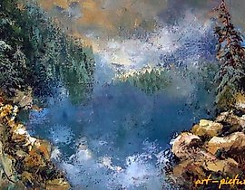 The translation of the text "Зима в горах масло, холст" into English is "Winter in the mountains oil, canvas."