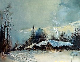 冬季村庄 油画，画布