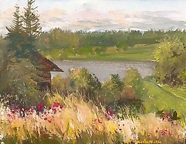 The translation of the text "Банька в Чусовом масло, холст" is "Bathhouse in Chusovoy, oil, canvas."