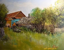 带花园和小浴室的房子，油画，画布