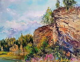 The translation of the text into English is: "Shaman Stone on the Chusovaya, oil on canvas."