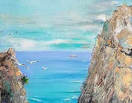 The translation of the text "Крым. Скала Дива масло, холст" into English is "Crimea. Diva Rock oil, canvas."