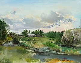 The translation of the text "Речка Дарья масло, холст" into English is "River Darya oil, canvas."