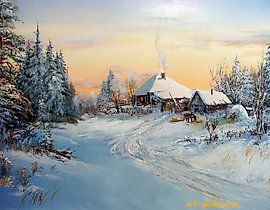 The translation of "Зимовье масло, холст" into English is "Winter Lodge oil, canvas."