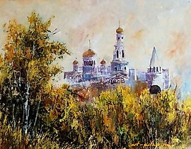 The translation of the text is: "Panorama of the Kremlin, oil on canvas."