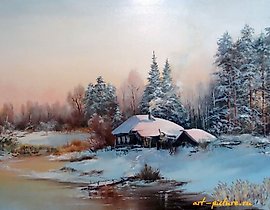 The translation of the text "Хозяйство лесника масло, холст" into English is "The forest ranger's farm oil, canvas."