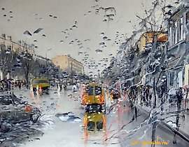 通过挡风玻璃的油，画布