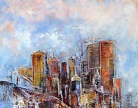 The translation of the text "Вертикали городов масло, холст" into English is "Verticals of cities oil, canvas."