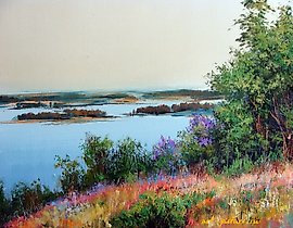 The translation of the text "Весенняя Волга масло, холст" into English is "Spring Volga oil, canvas."