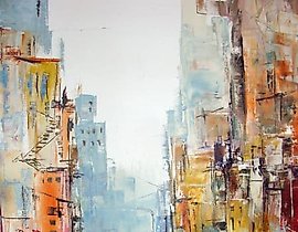 The translation of "Город N акрил, холст" into English is "City N acrylic, canvas."