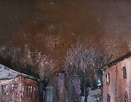 The text translates to "Night city oil, canvas."