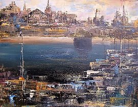 The translation of the text "Города.Порты.Аэропорты масло,холст" into English is "Cities. Ports. Airports oil, canvas."