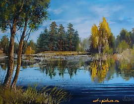 The translation of "Лесное озеро масло, холст" into English is "Forest lake oil, canvas."