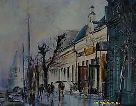 The translation of the text "Улица Советская масло, холст" into English is "Soviet Street oil, canvas."