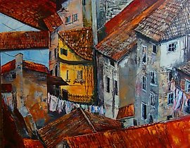 The translation of the text "Итальянские крыши масло, холст" into English is "Italian roofs oil, canvas."