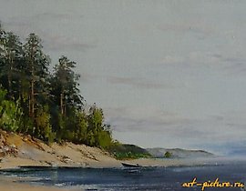 The translation of "Берег реки холст, масло" into English is "Riverbank, canvas, oil [paint]."