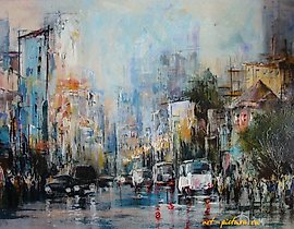 The translation of the text "Город F акрил, холст" into English is "City F acrylic, canvas."