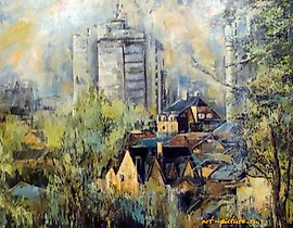 The translation of the text is: "View of high-rise buildings, oil, canvas."