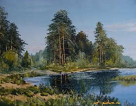 The text translates to "Forest pond oil, canvas" in English.