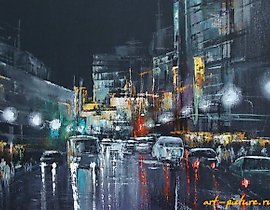 夜间大都市 油画, 布面