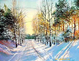 The translation of the text "Зимнее солнце масло, холст" into English is "Winter sun oil, canvas."