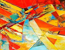 "Composition in red and yellow, oil on canvas."